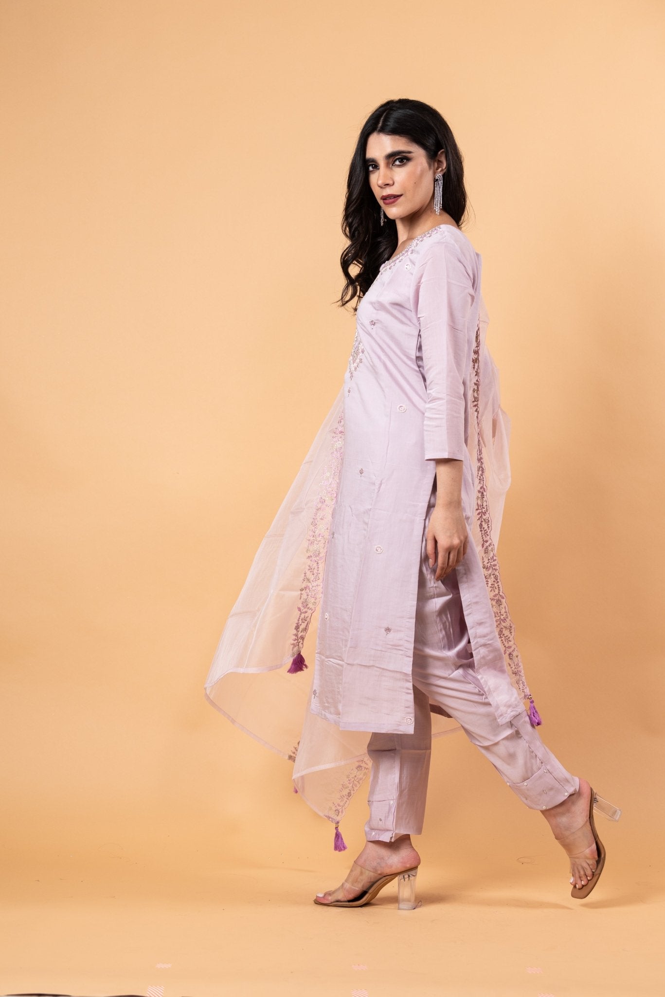 Mauve Floral Yoke Design Cotton Silk Kurta - Anvi Couture