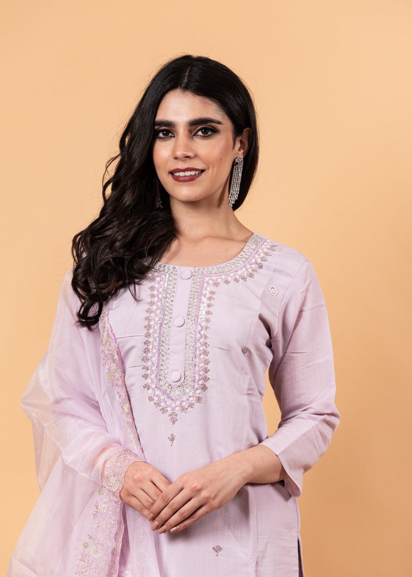 Mauve Floral Yoke Design Cotton Silk Kurta - Anvi Couture
