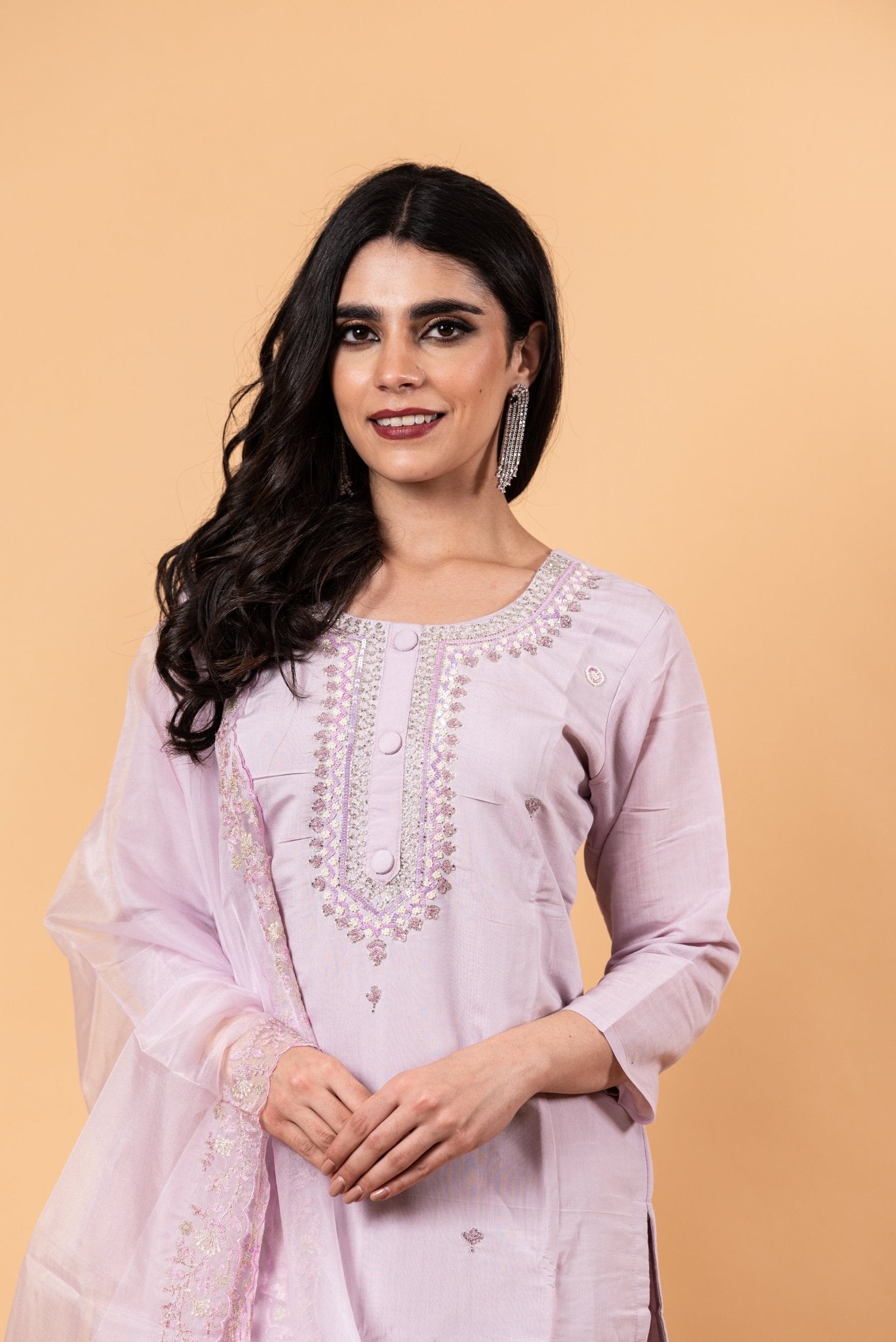 Mauve Floral Yoke Design Cotton Silk Kurta - Anvi Couture