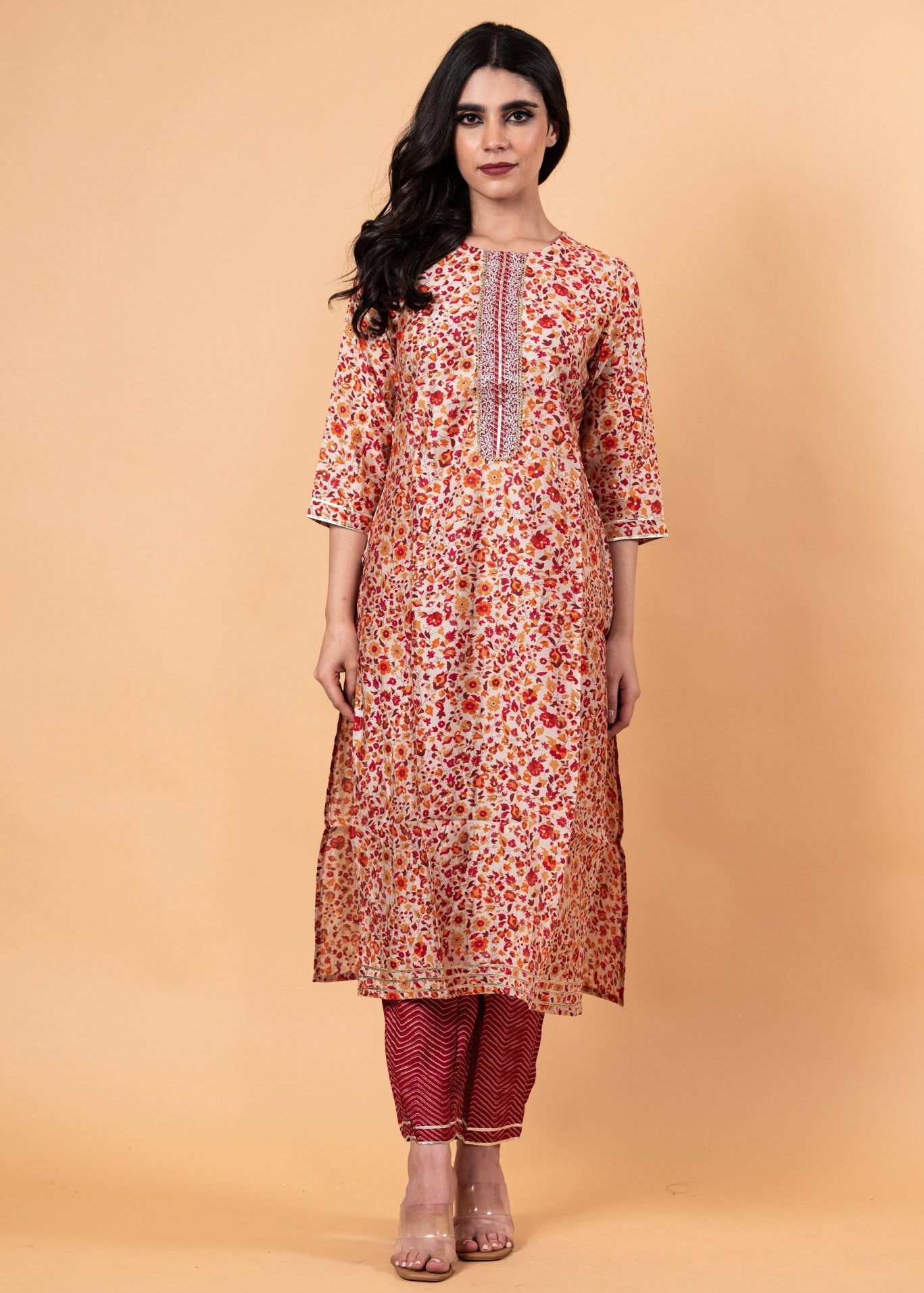 Red Floral Ethnic Motifs Embroidered Kurta with Trousers - Anvi Couture