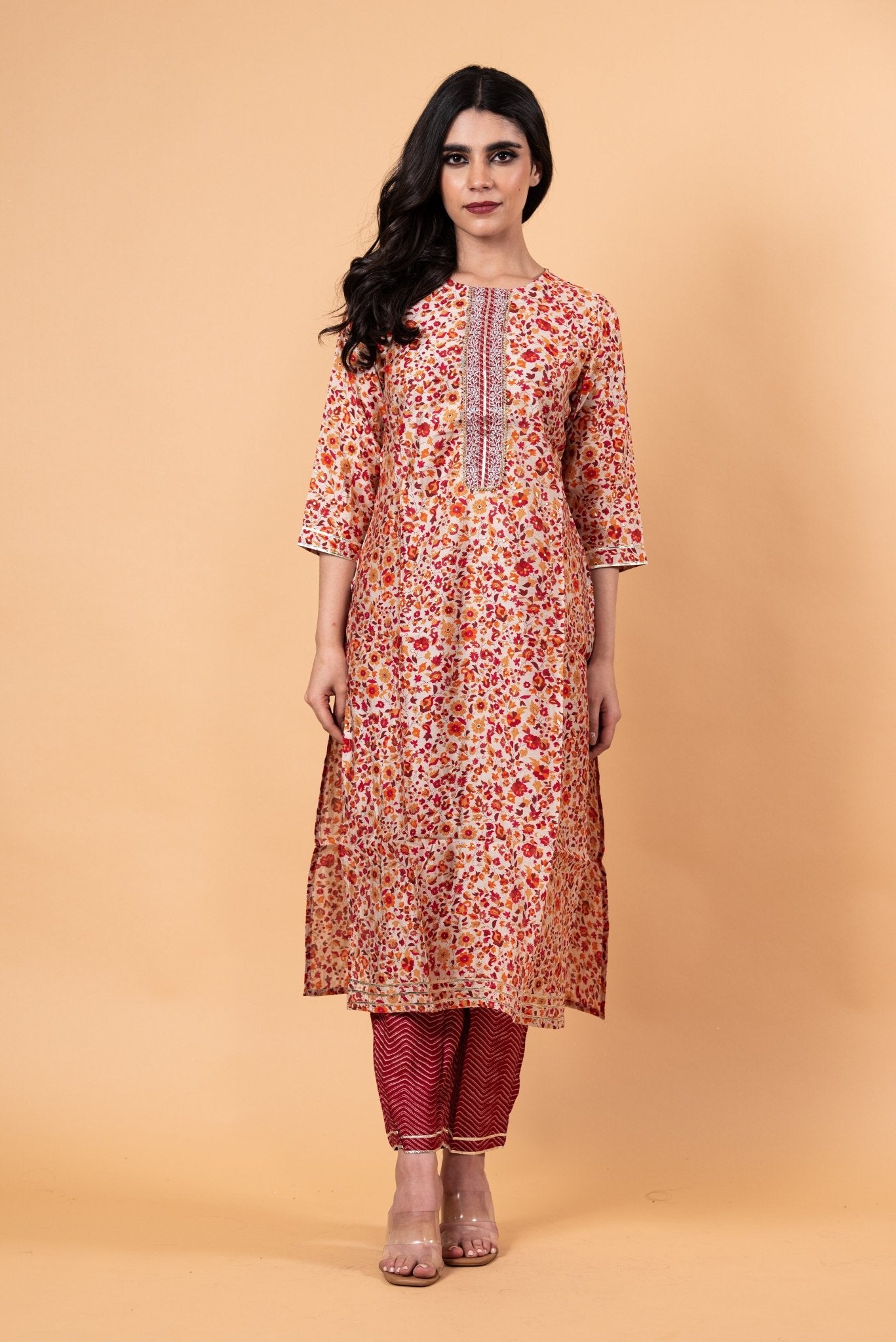 Red Floral Ethnic Motifs Embroidered Kurta with Trousers - Anvi Couture