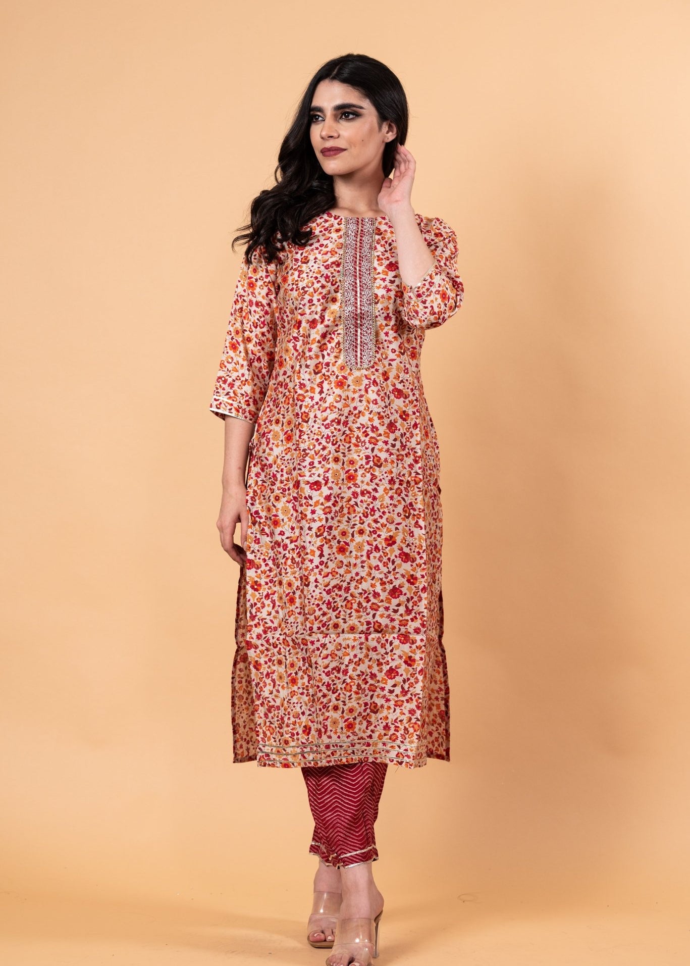 Red Floral Ethnic Motifs Embroidered Kurta with Trousers - Anvi Couture