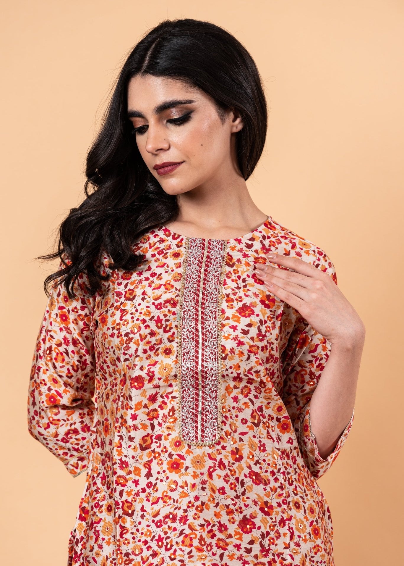 Red Floral Ethnic Motifs Embroidered Kurta with Trousers - Anvi Couture