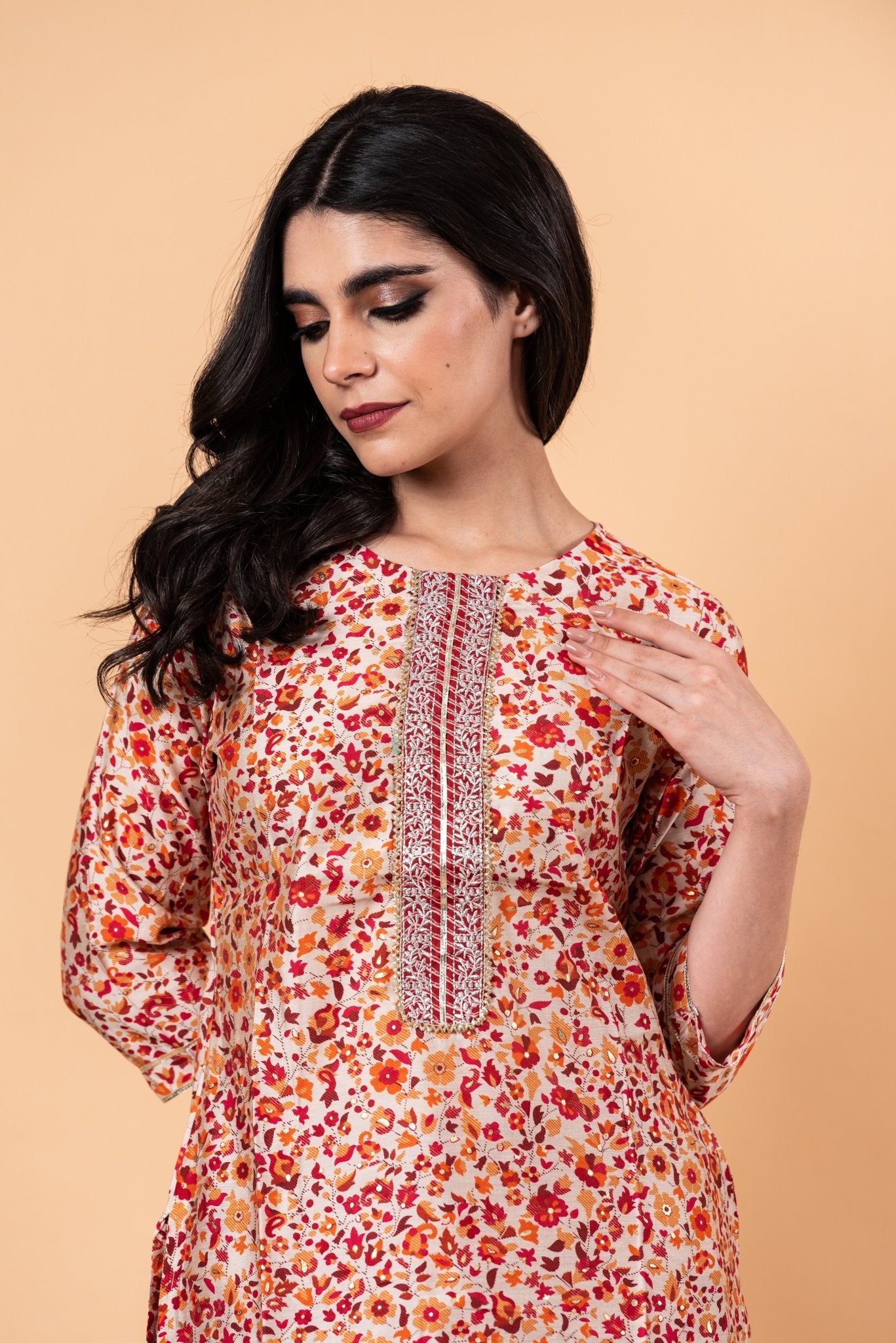 Red Floral Ethnic Motifs Embroidered Kurta with Trousers - Anvi Couture