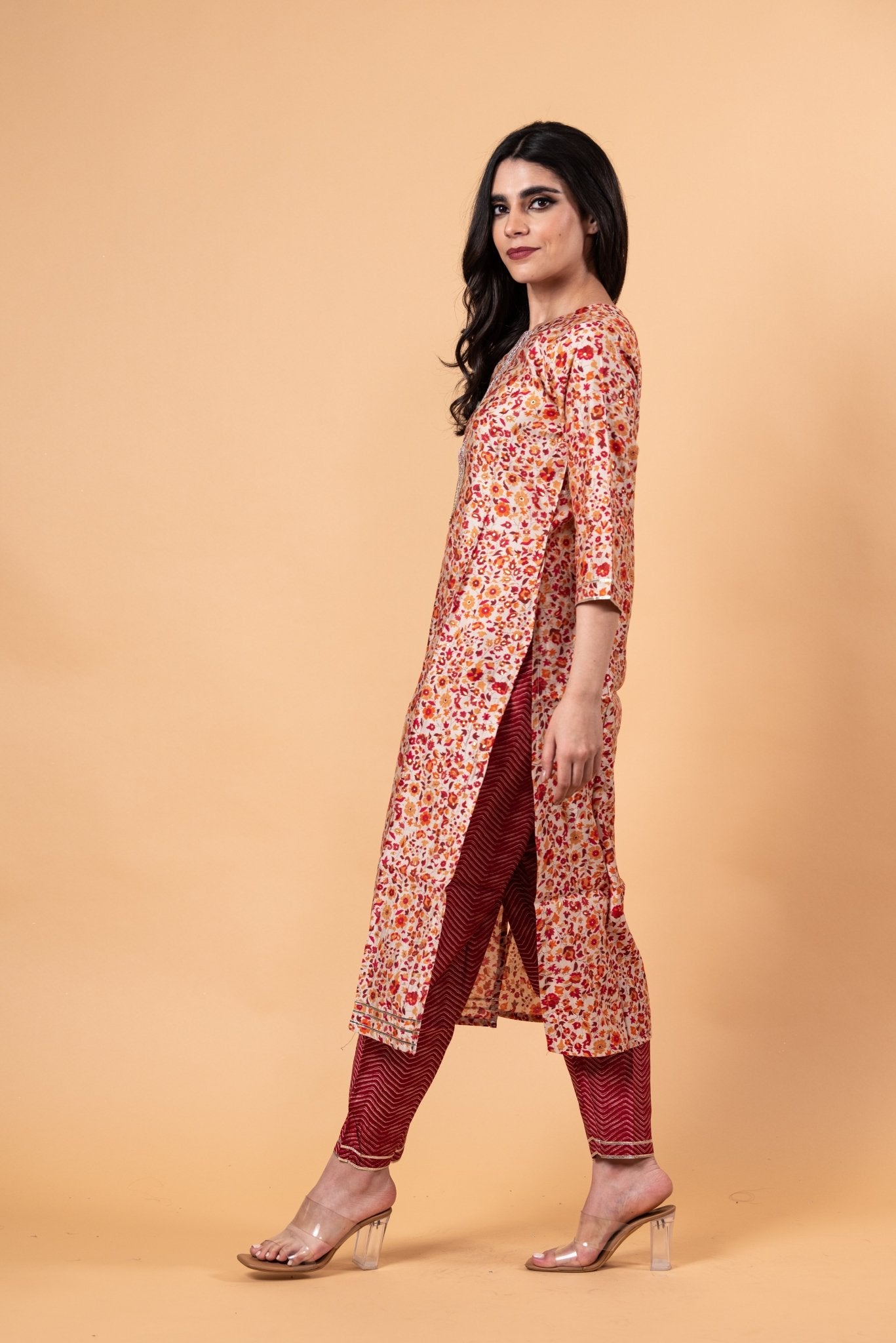 Red Floral Ethnic Motifs Embroidered Kurta with Trousers - Anvi Couture