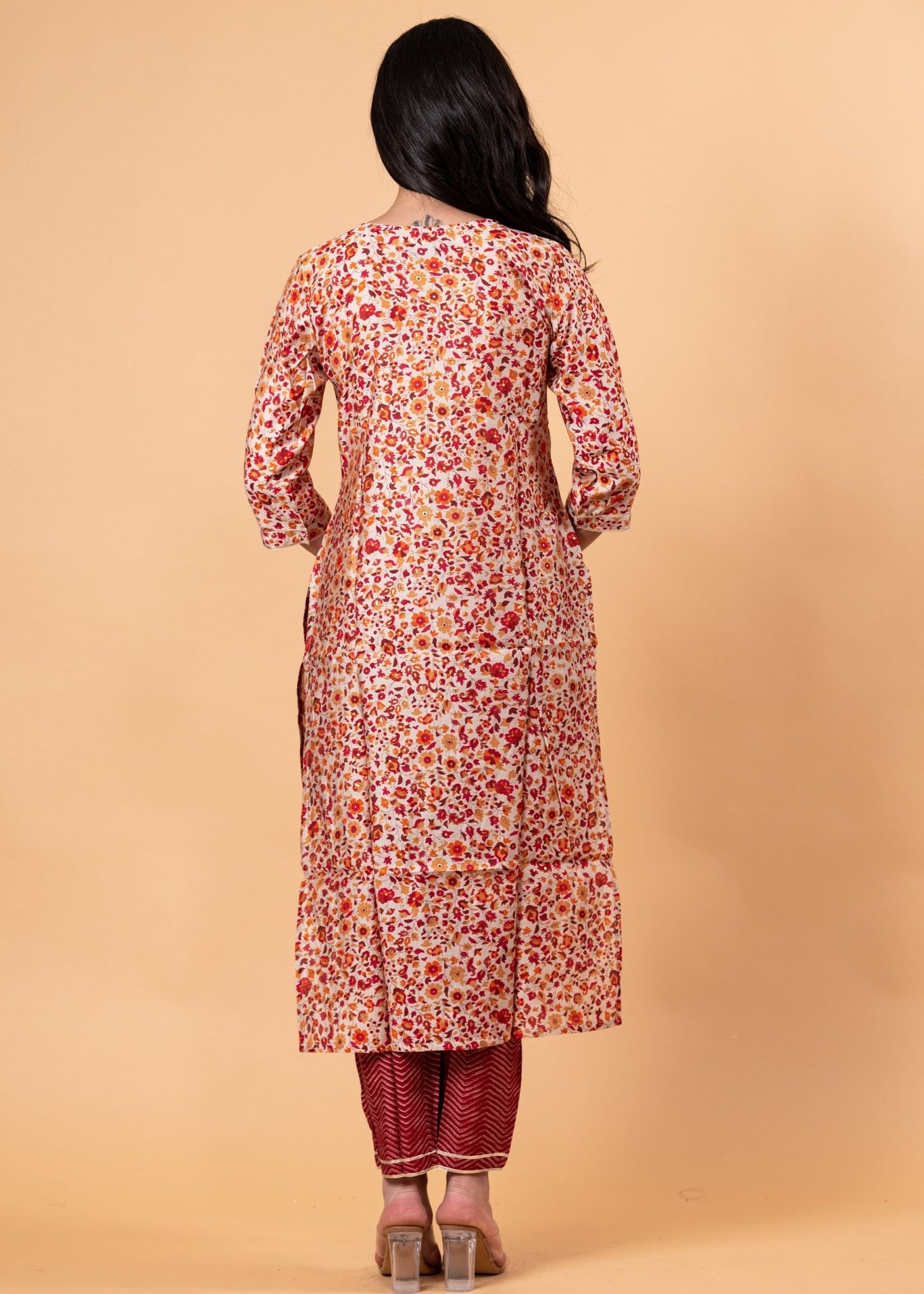 Red Floral Ethnic Motifs Embroidered Kurta with Trousers - Anvi Couture