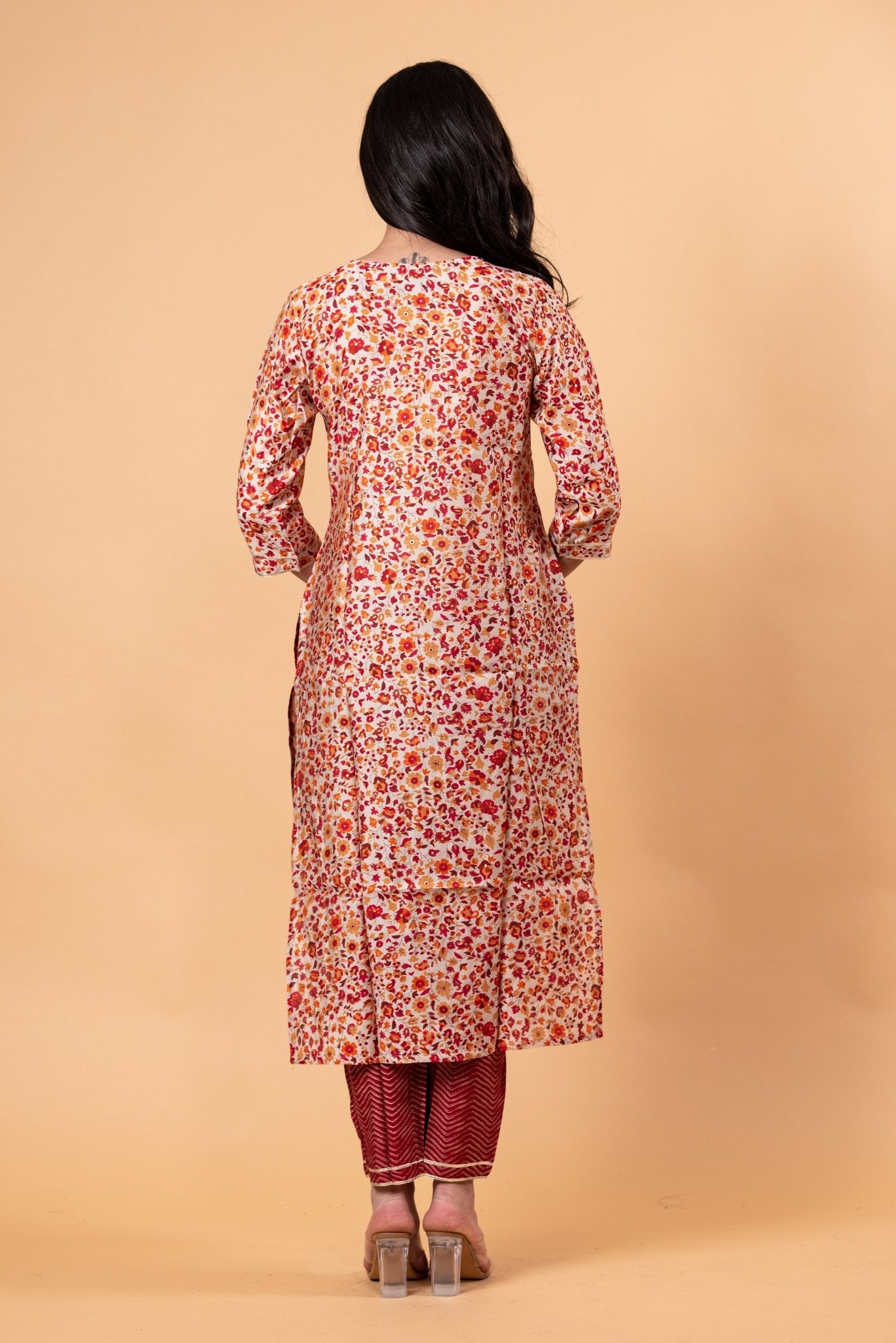 Red Floral Ethnic Motifs Embroidered Kurta with Trousers - Anvi Couture