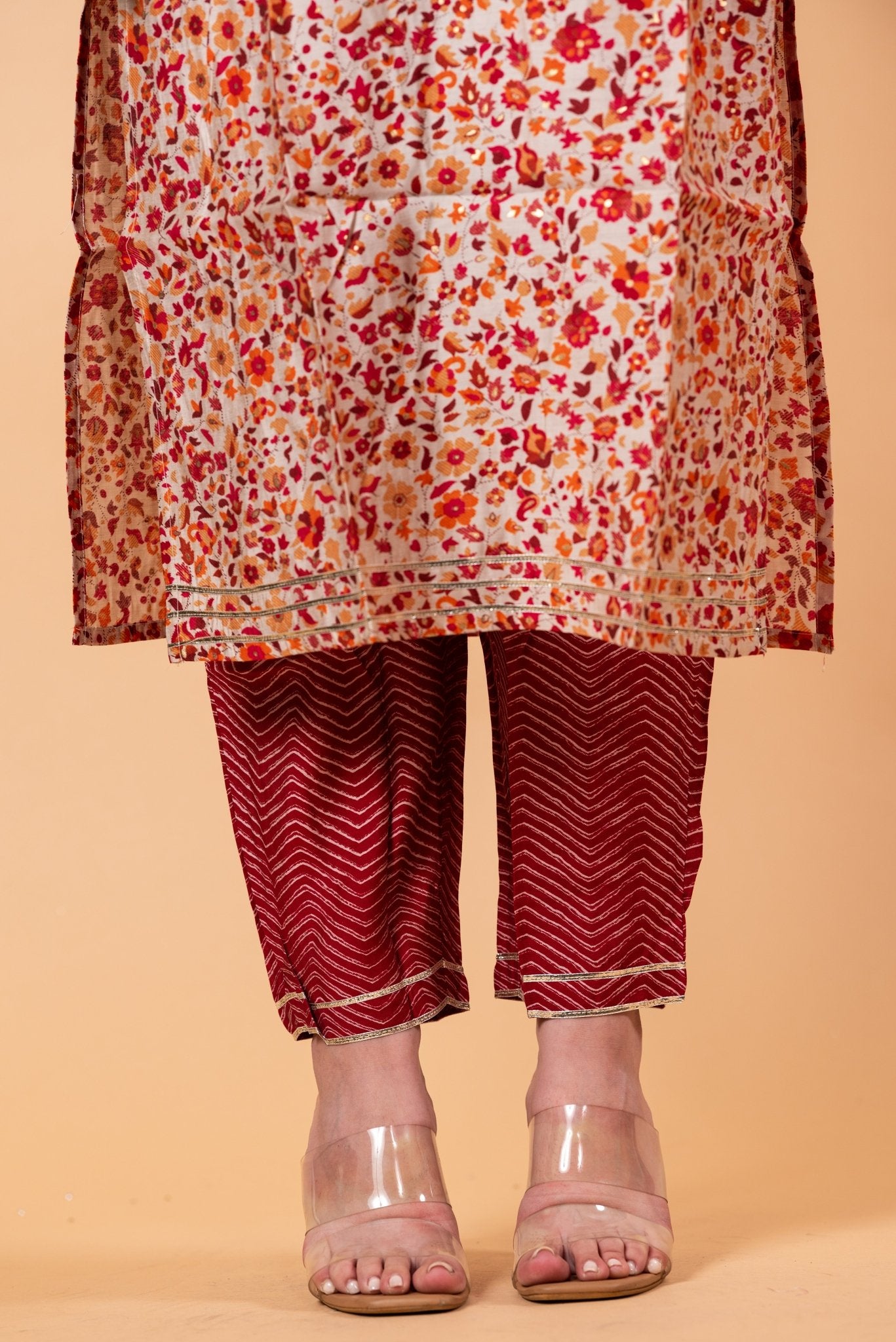 Red Floral Ethnic Motifs Embroidered Kurta with Trousers - Anvi Couture