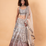 Pastel Grey Printed Lehenga in Embroidery and Stone Highlighted Work - Anvi Couture