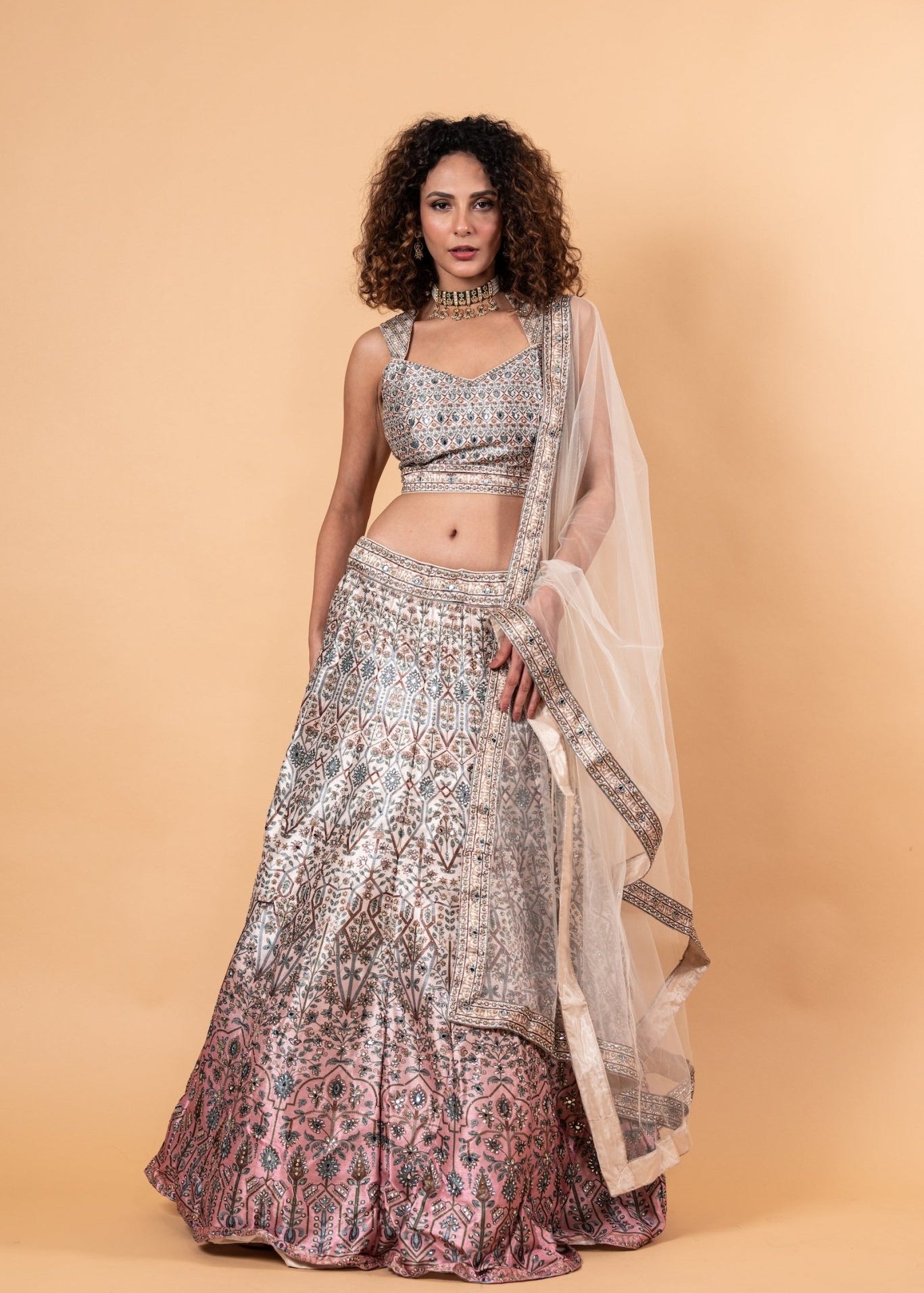 Pastel Grey Printed Lehenga in Embroidery and Stone Highlighted Work - Anvi Couture