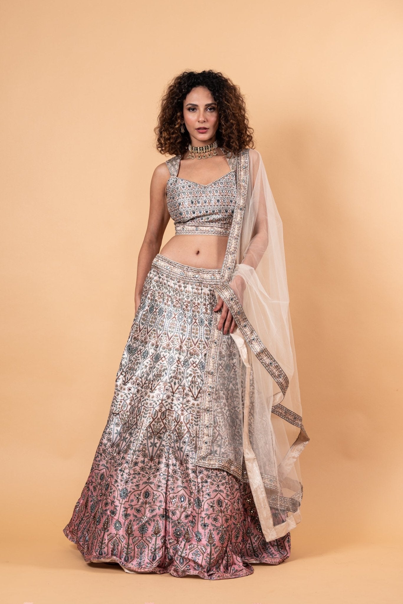 Pastel Grey Printed Lehenga in Embroidery and Stone Highlighted Work - Anvi Couture