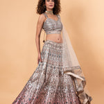 Pastel Grey Printed Lehenga in Embroidery and Stone Highlighted Work - Anvi Couture