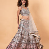 Pastel Grey Printed Lehenga in Embroidery and Stone Highlighted Work - Anvi Couture