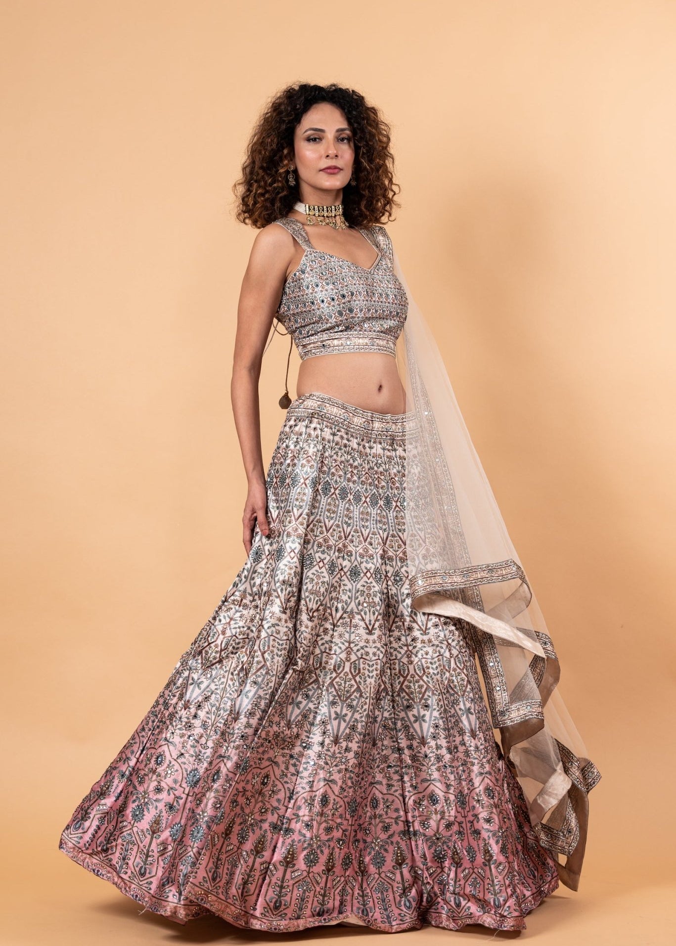 Pastel Grey Printed Lehenga in Embroidery and Stone Highlighted Work - Anvi Couture