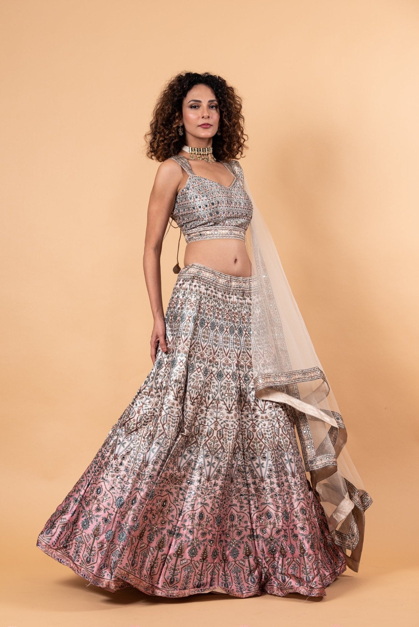 Pastel Grey Printed Lehenga in Embroidery and Stone Highlighted Work - Anvi Couture