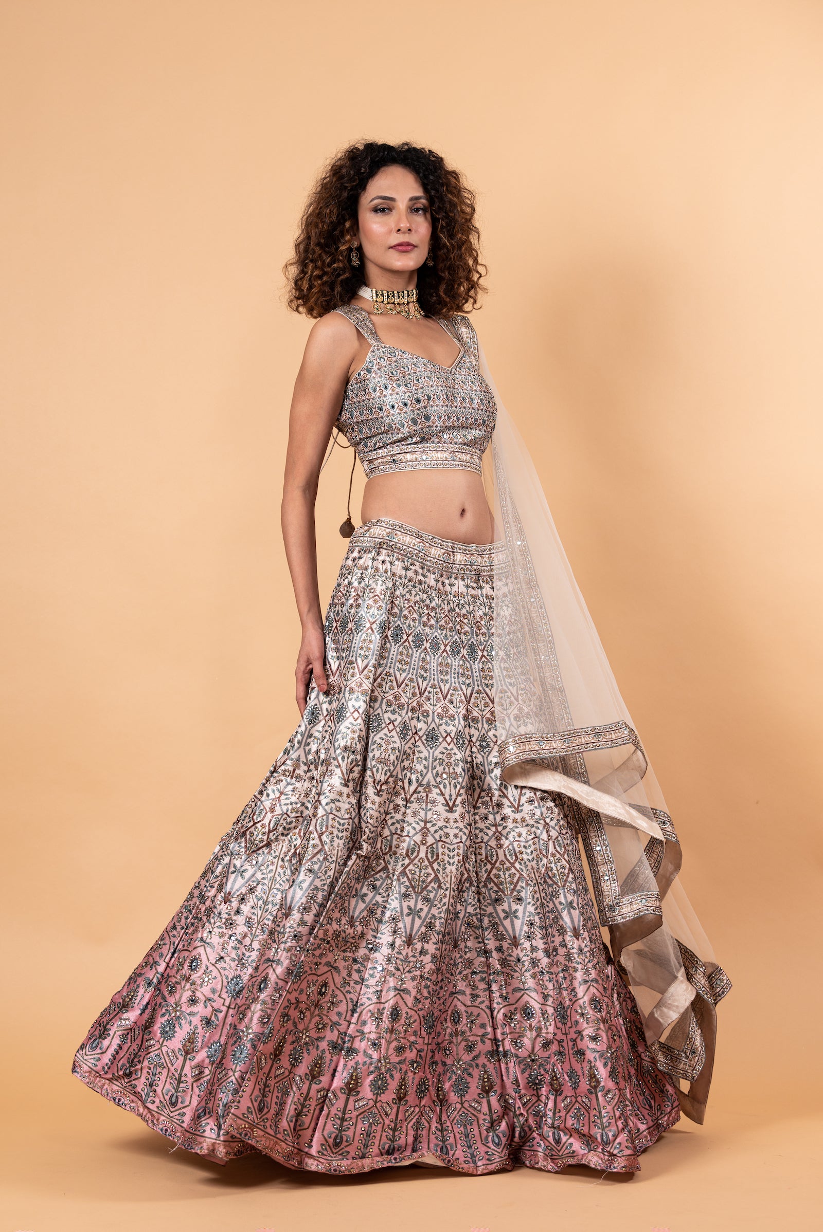 Stunning Pastel Grey Printed Lehenga in Embroidery and Stone Highlighted Work