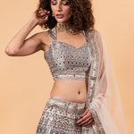 Pastel Grey Printed Lehenga in Embroidery and Stone Highlighted Work - Anvi Couture