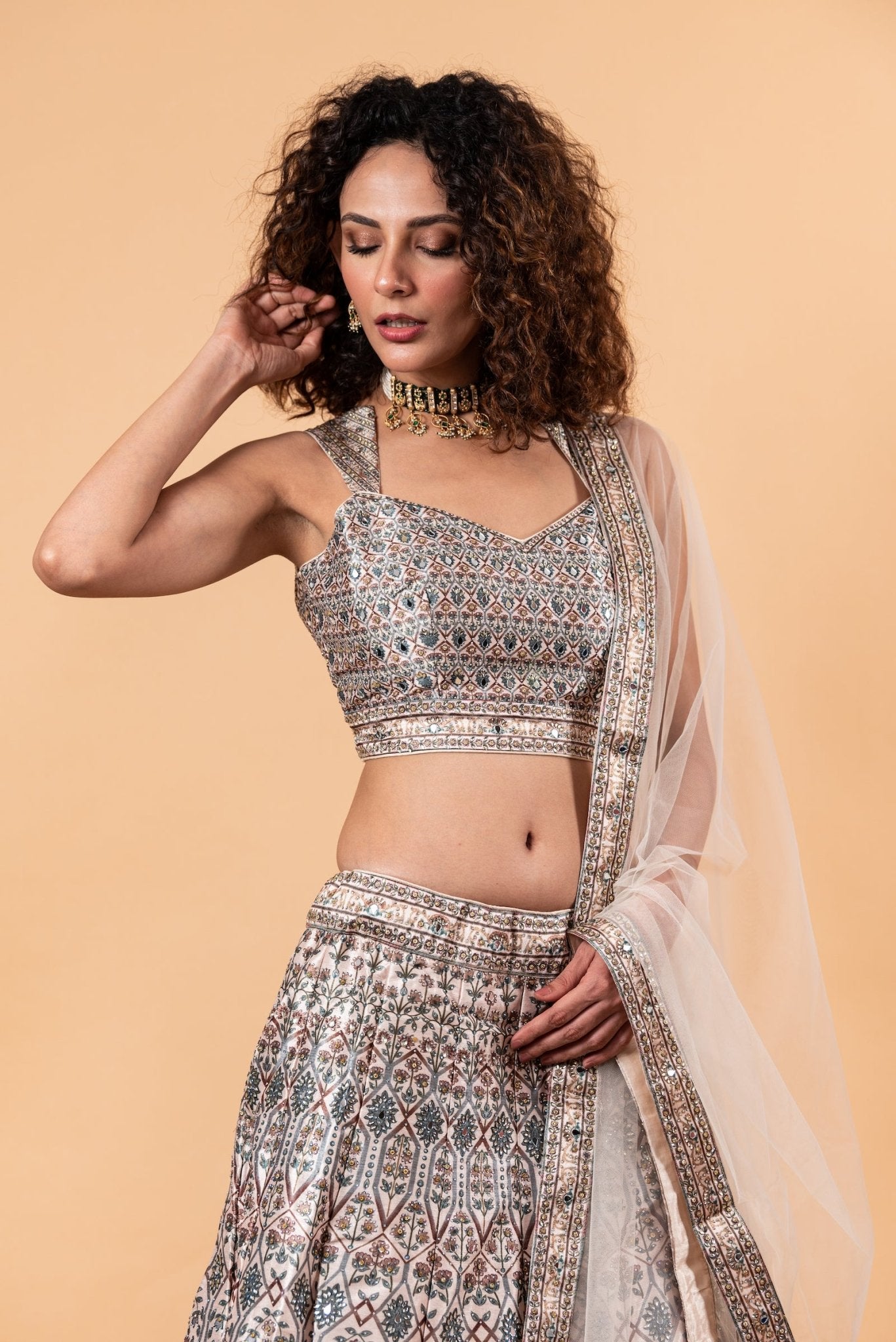 Pastel Grey Printed Lehenga in Embroidery and Stone Highlighted Work - Anvi Couture