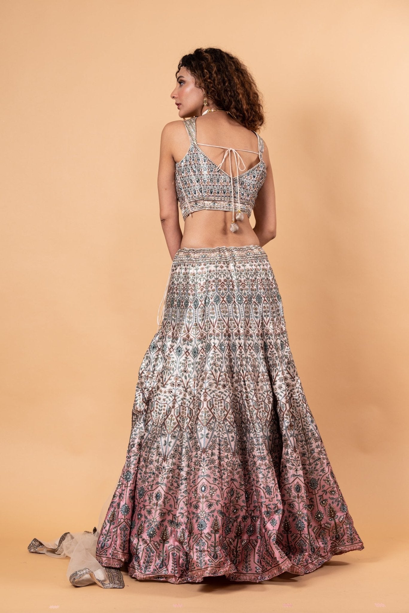 Pastel Gray Printed Lehenga in Embroidery and Stone Highlighted Work - Anvi Couture