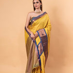 Yellow Gadwal Silk Saree with Contrasting Blue and Gold Zari Work - Anvi Couture