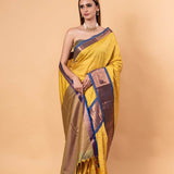 Yellow Gadwal Silk Saree with Contrasting Blue and Gold Zari Work - Anvi Couture