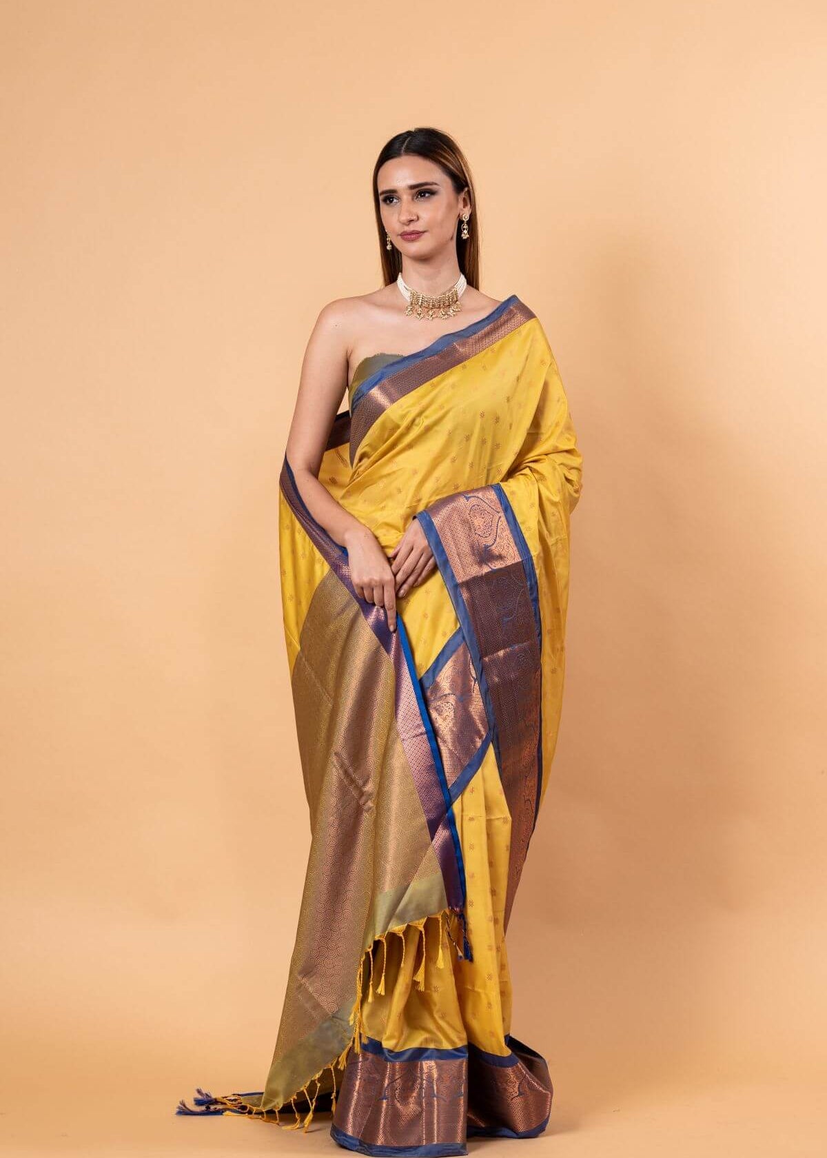 Yellow Gadwal Silk Saree with Contrasting Blue and Gold Zari Work - Anvi Couture