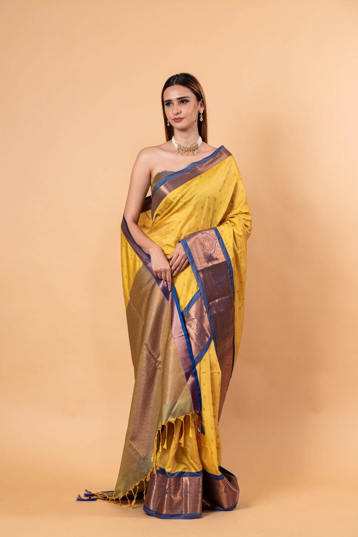 Yellow Gadwal Silk Saree with Contrasting Blue and Gold Zari Work - Anvi Couture