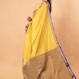 Yellow Gadwal Silk Saree with Contrasting Blue and Gold Zari Work - Anvi Couture