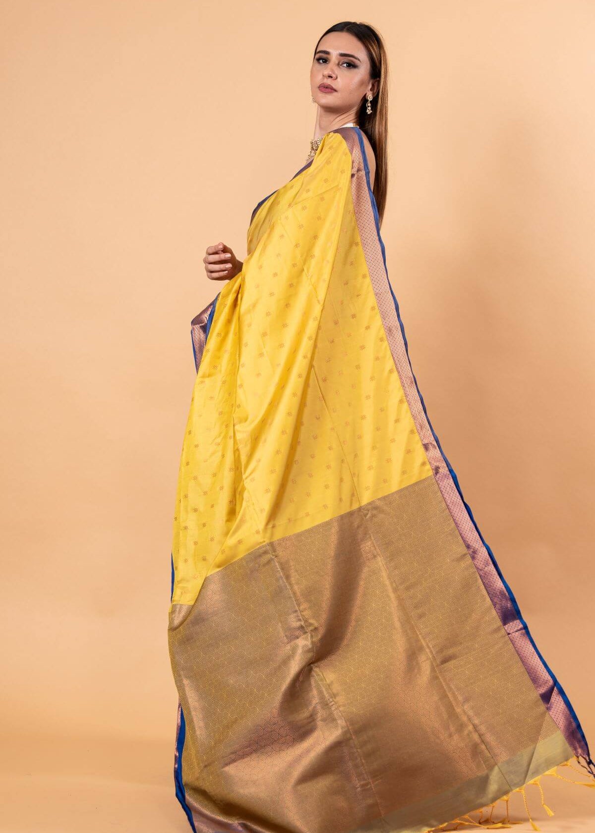 Yellow Gadwal Silk Saree with Contrasting Blue and Gold Zari Work - Anvi Couture