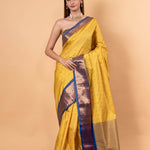Yellow Gadwal Silk Saree with Contrasting Blue and Gold Zari Work - Anvi Couture