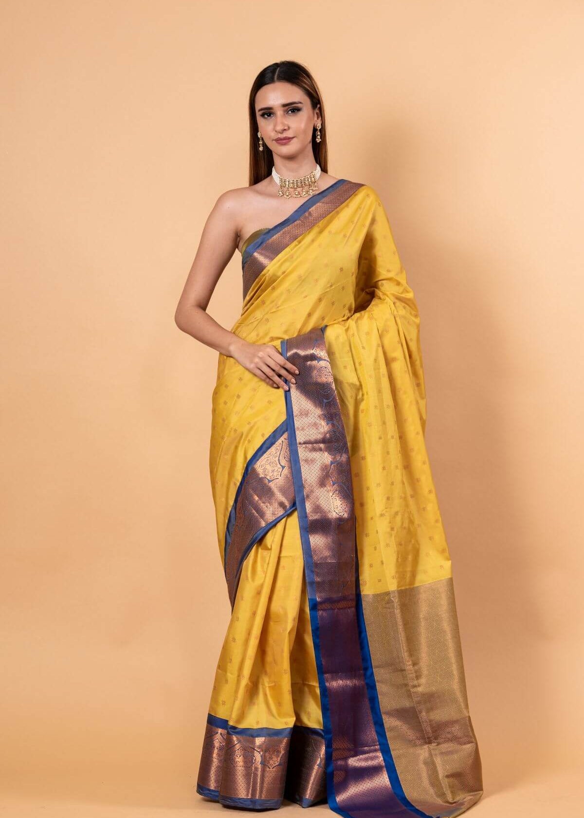 Yellow Gadwal Silk Saree with Contrasting Blue and Gold Zari Work - Anvi Couture