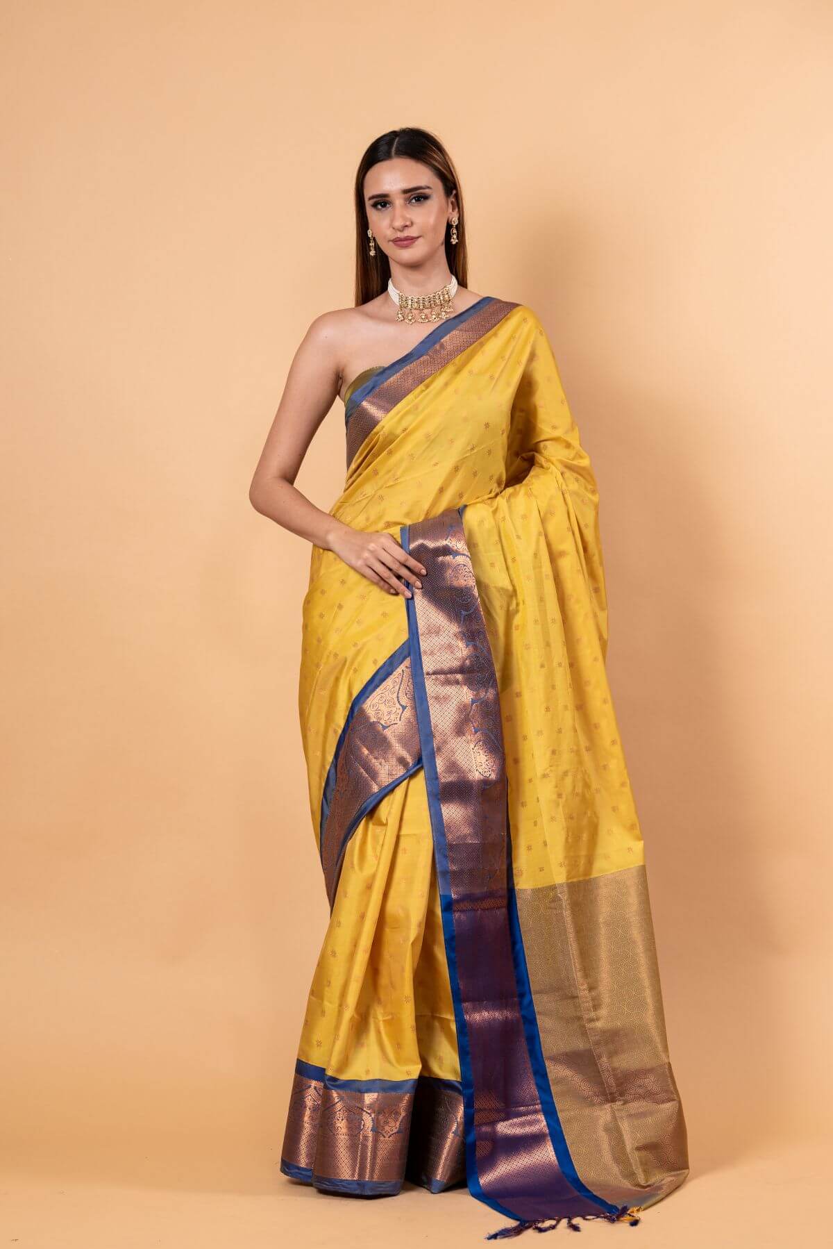 Yellow Gadwal Silk Saree with Contrasting Blue and Gold Zari Work - Anvi Couture