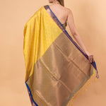 Yellow Gadwal Silk Saree with Contrasting Blue and Gold Zari Work - Anvi Couture