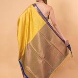 Yellow Gadwal Silk Saree with Contrasting Blue and Gold Zari Work - Anvi Couture