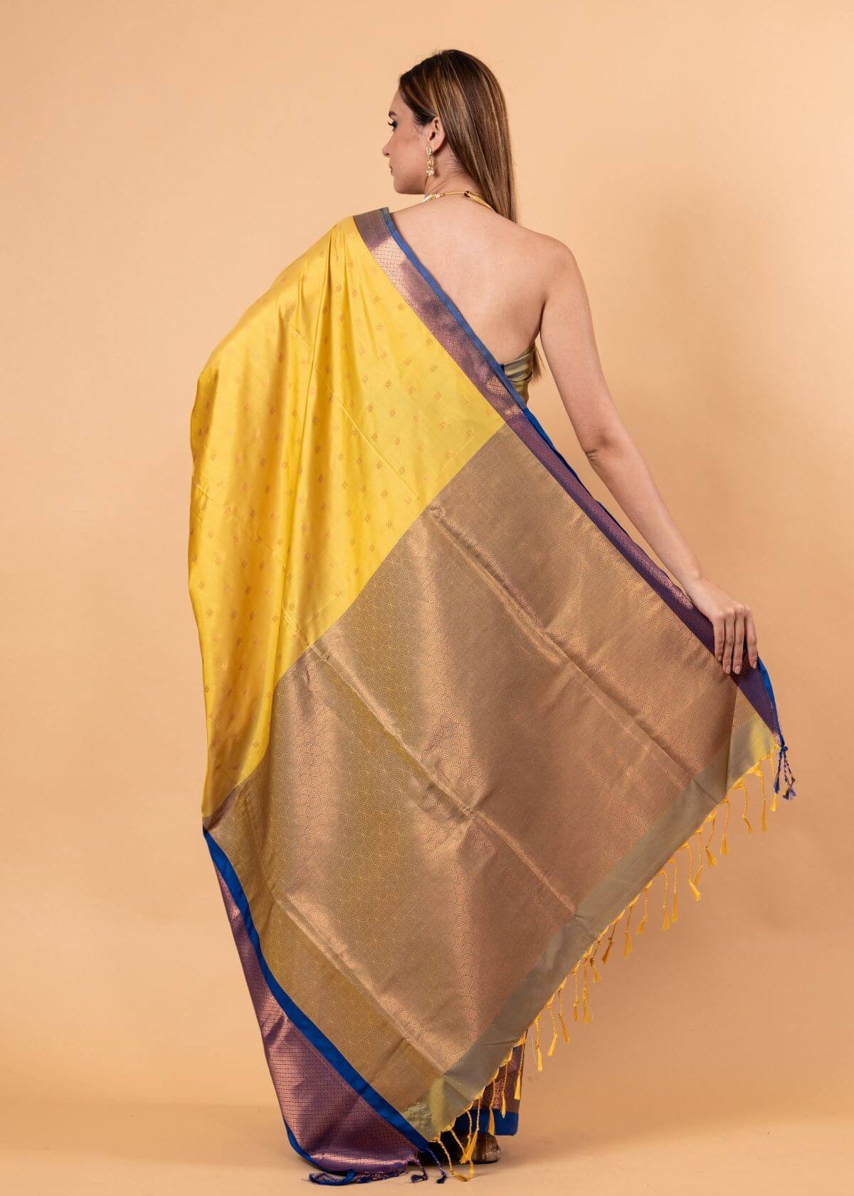 Yellow Gadwal Silk Saree with Contrasting Blue and Gold Zari Work - Anvi Couture