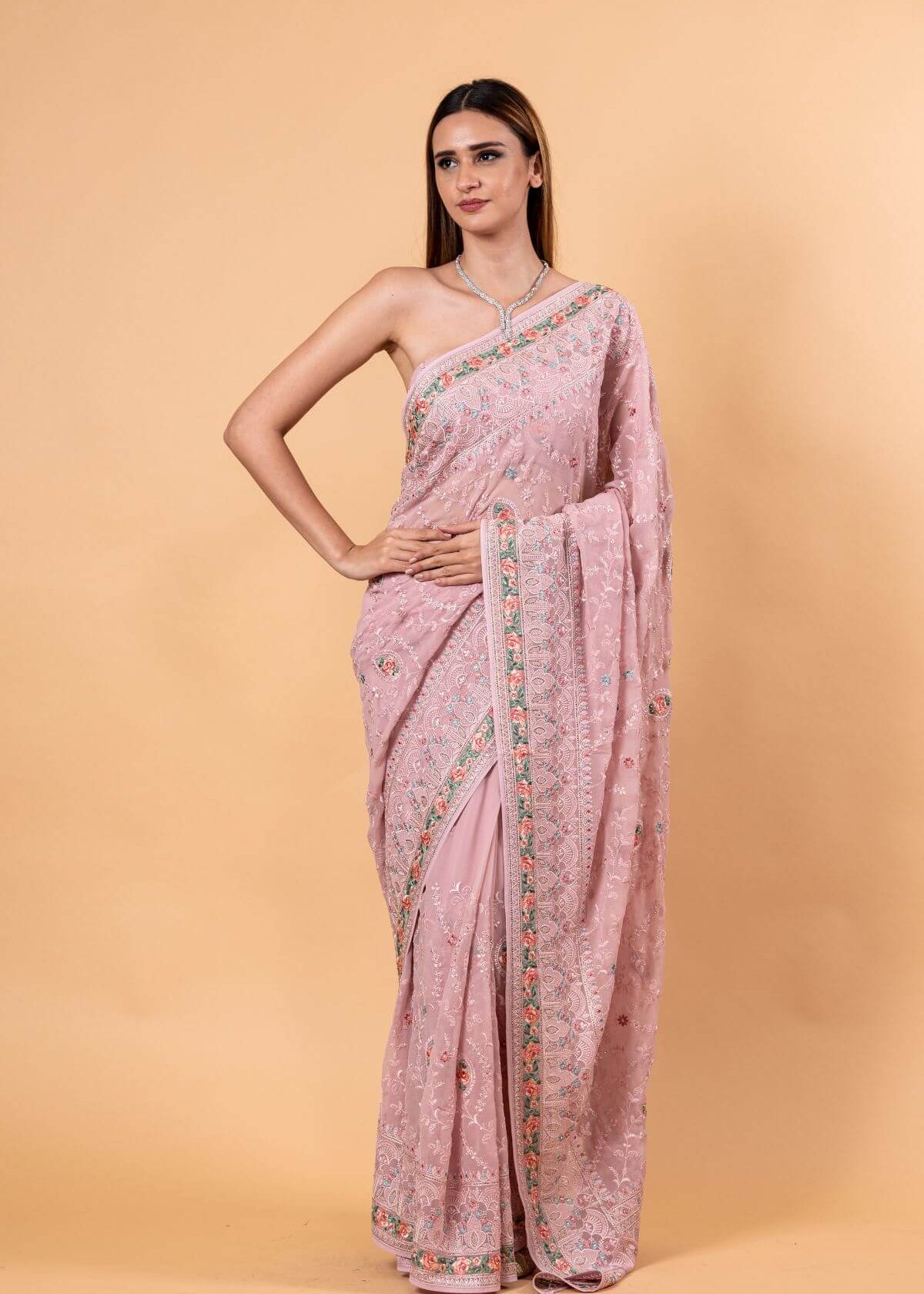 Light Pink Georgette Chikankari Saree with Multicolor Floral Embroidery with Unstitched Blouse - Image 2