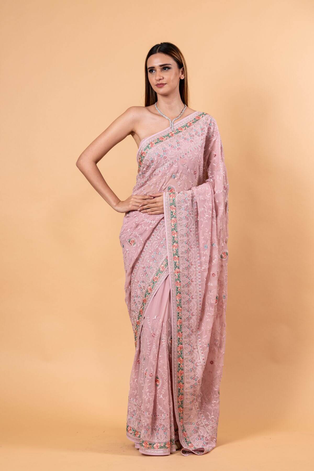 Light Pink Georgette Chikankari Saree with Multicolor Floral Embroidery - Anvi Couture