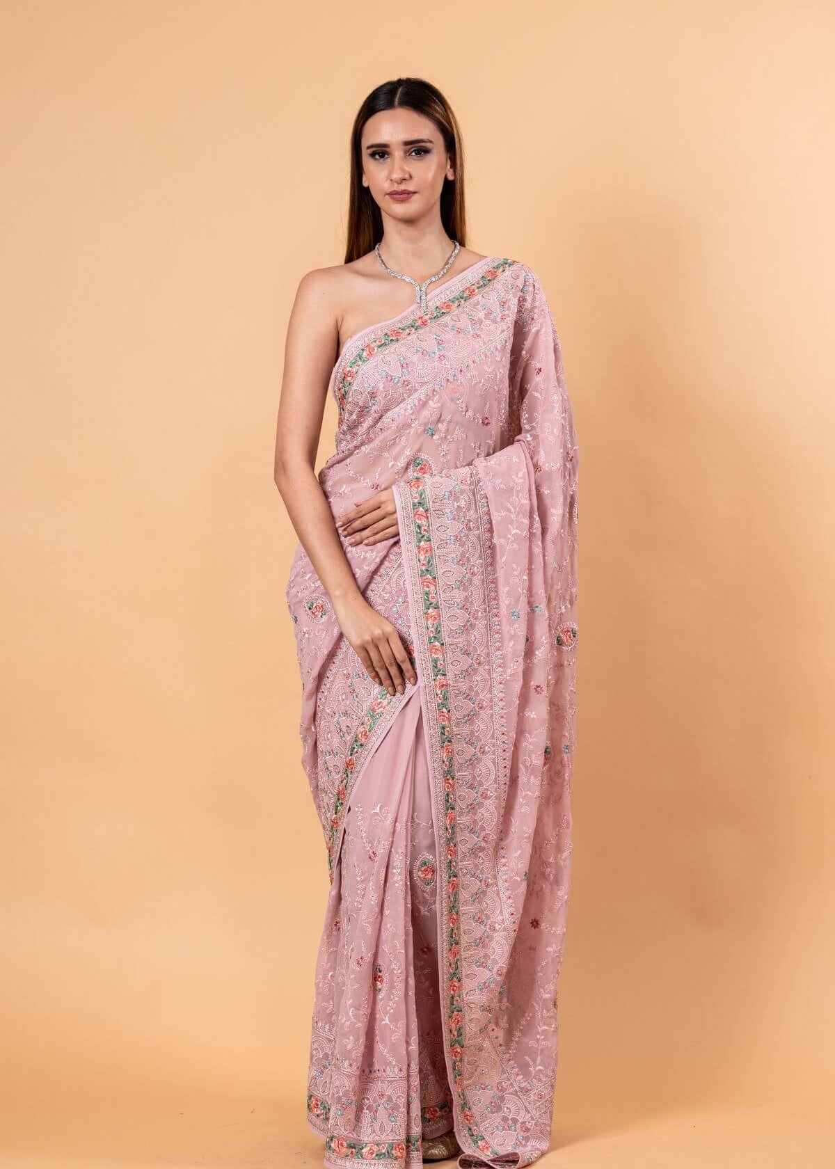 Light Pink Georgette Chikankari Saree with Multicolor Floral Embroidery with Unstitched Blouse - Image 1