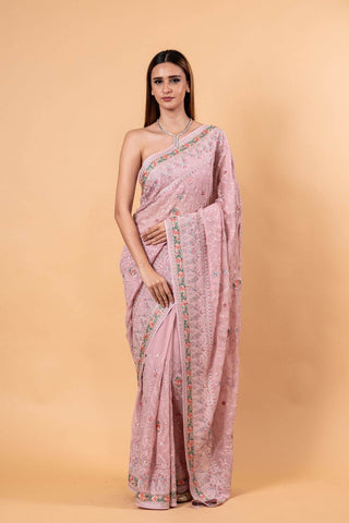 Light Pink Georgette Chikankari Saree with Multicolor Floral Embroidery