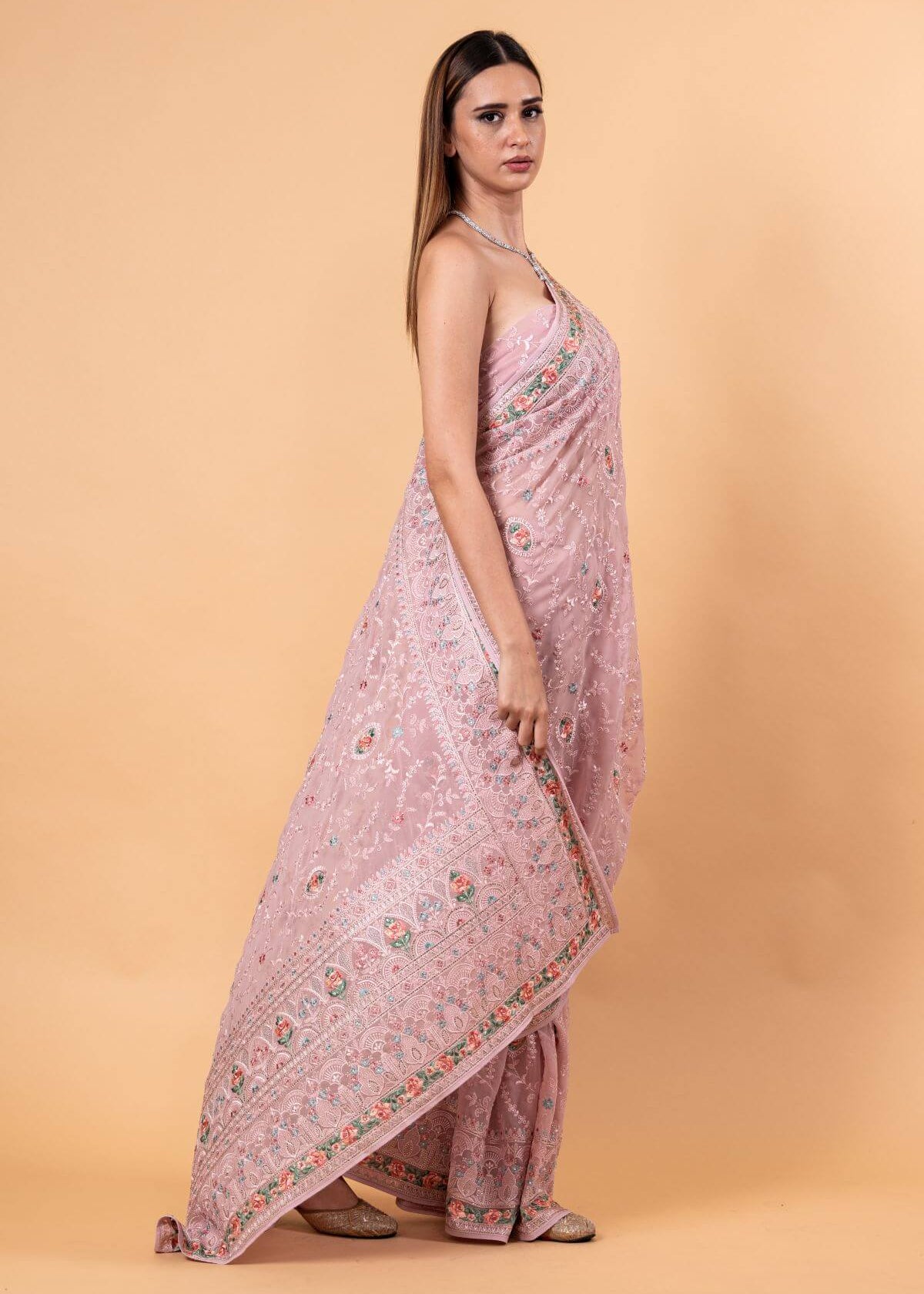 Light Pink Georgette Chikankari Saree with Multicolor Floral Embroidery - Anvi Couture