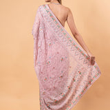 Light Pink Georgette Chikankari Saree with Multicolor Floral Embroidery - Anvi Couture