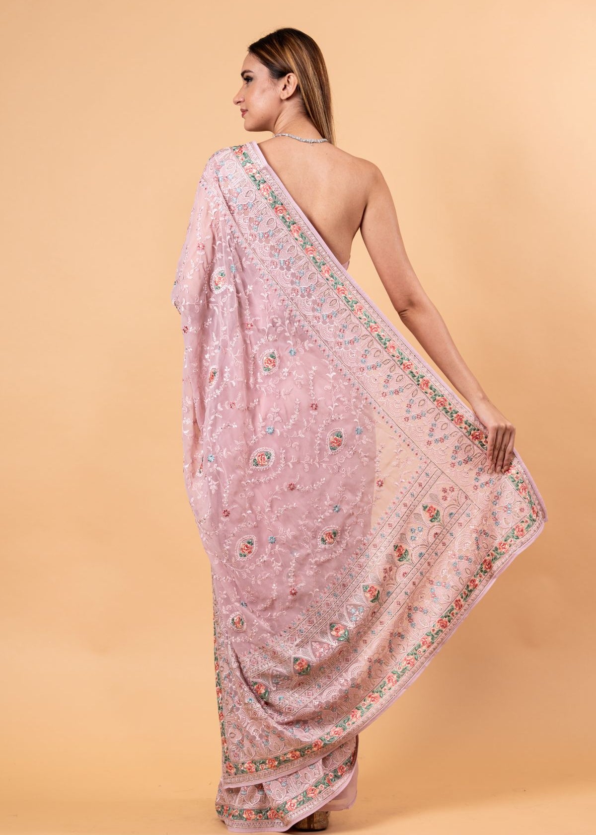 Light Pink Georgette Chikankari Saree with Multicolor Floral Embroidery - Anvi Couture