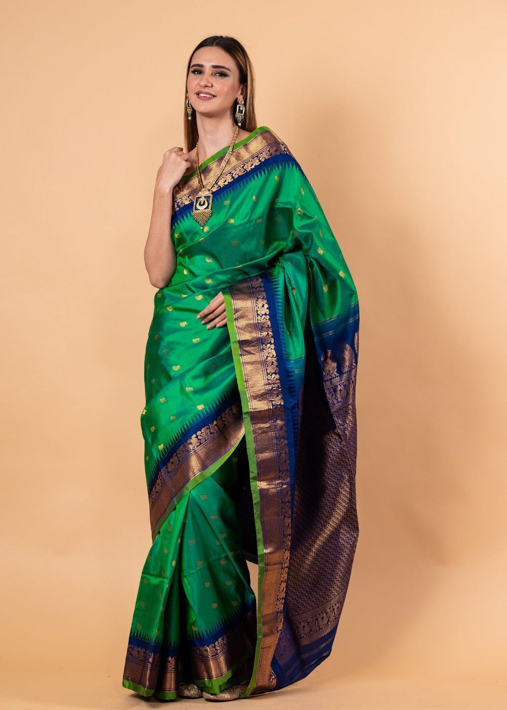 Emarald Green Gadwal Silk Saree with Gold Zari Border - Image 1