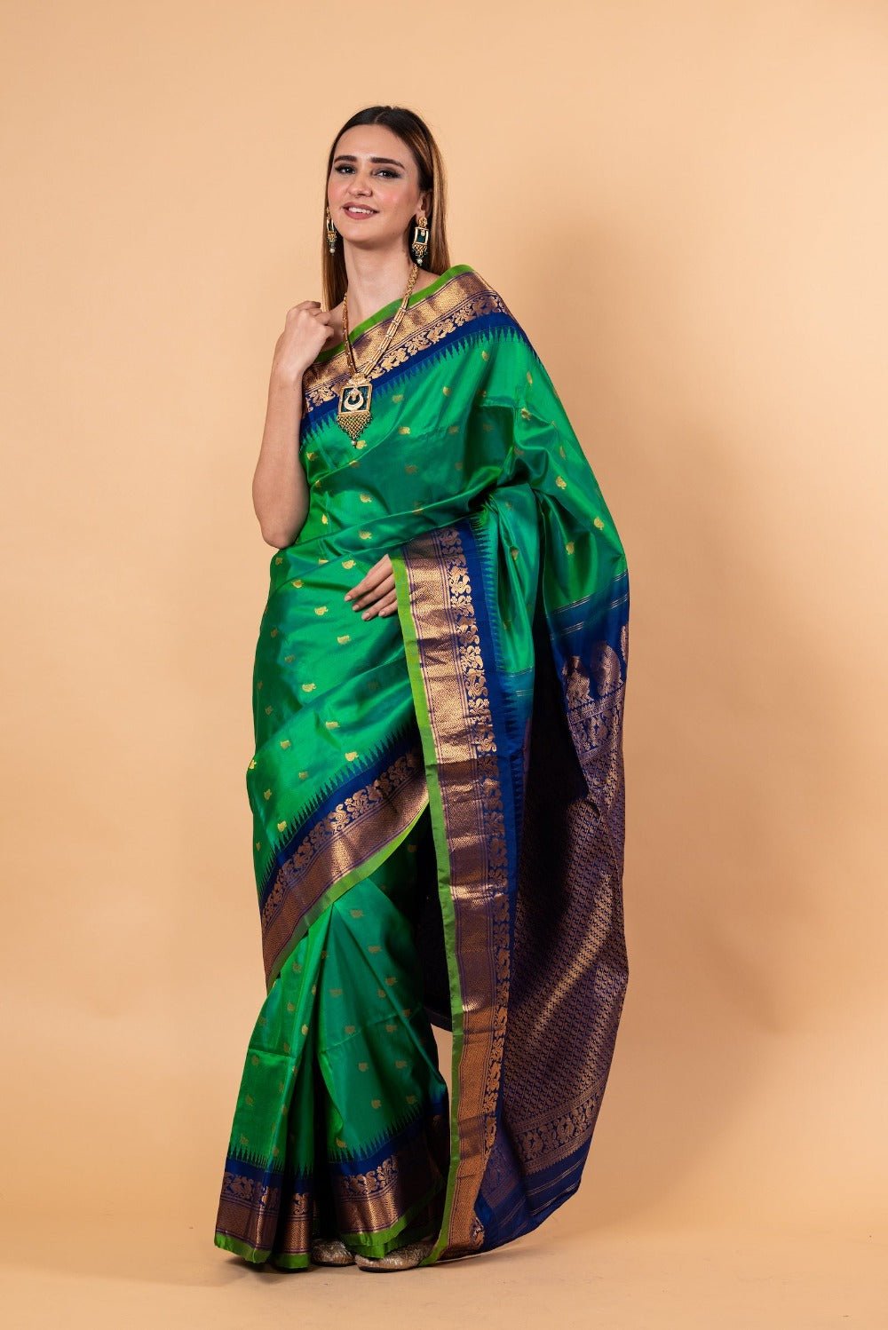 Emarald Green Gadwal Silk Saree with Gold Zari Border - Image 1