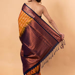 Orange Kanjivaram Silk Saree with Copper and Blue Border and Pallu - Image 4