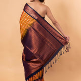 Orange Kanjivaram Silk Saree with Copper and Blue Border and Pallu - Image 4