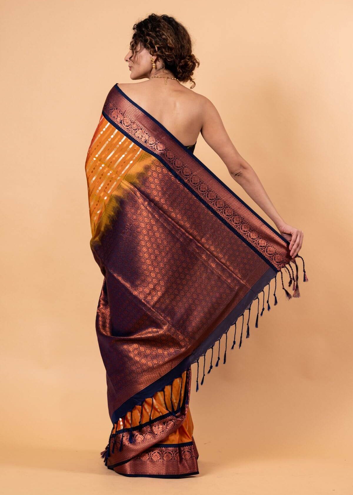 Orange Kanjivaram Silk Saree with Copper and Blue Border and Pallu - Anvi Couture