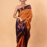 Orange Kanjivaram Silk Saree with Copper and Blue Border and Pallu - Image 1
