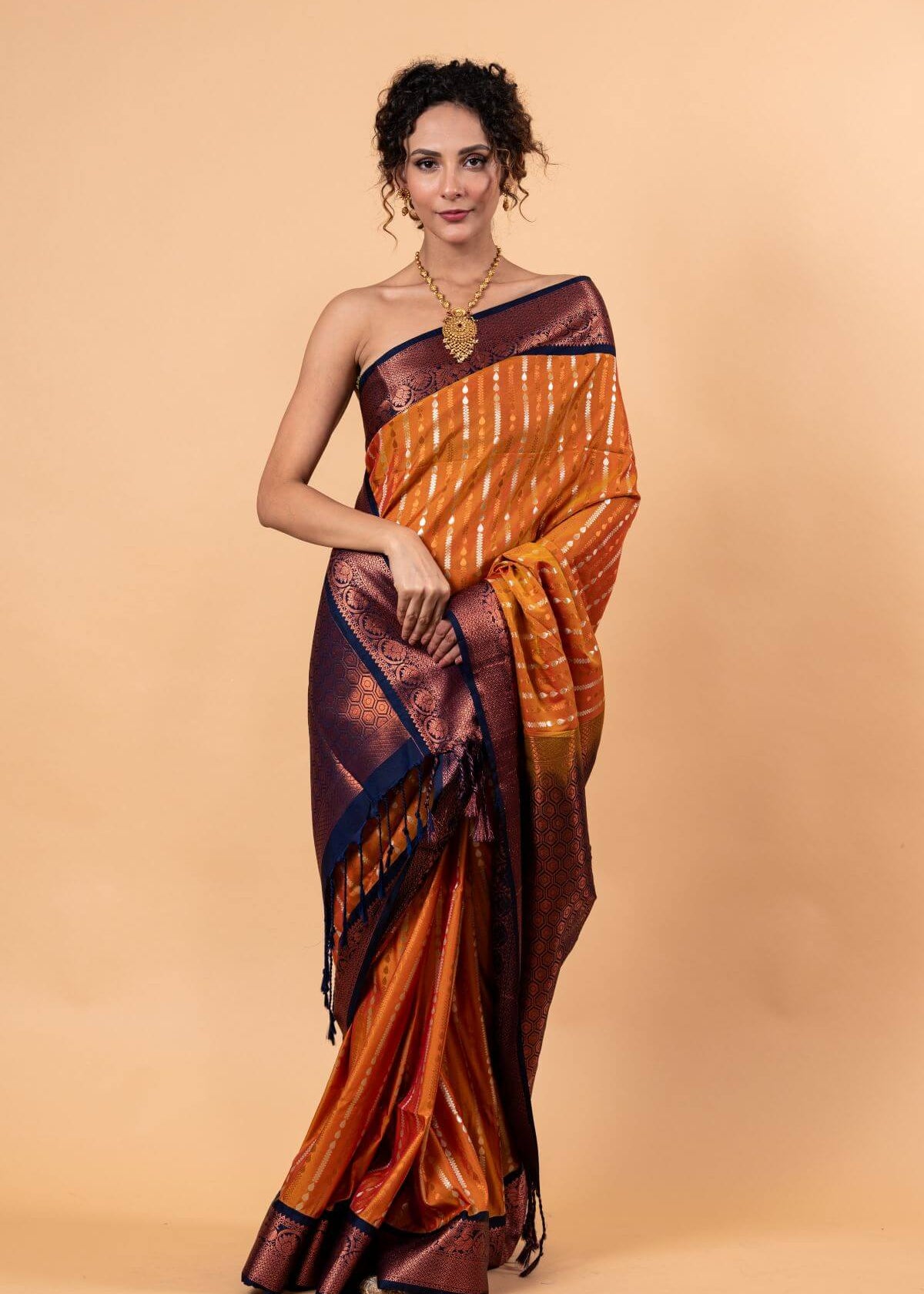Orange Kanjivaram Silk Saree with Copper and Blue Border and Pallu - Image 1