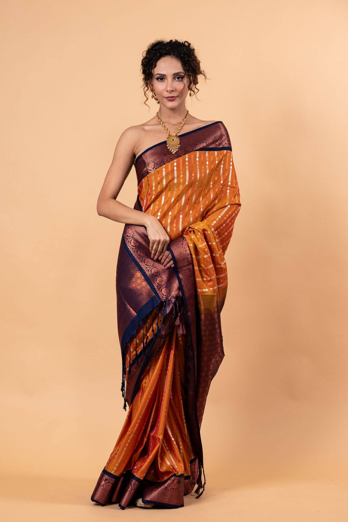 Orange Kanjivaram Silk Saree with Copper and Blue Border and Pallu - Image 1